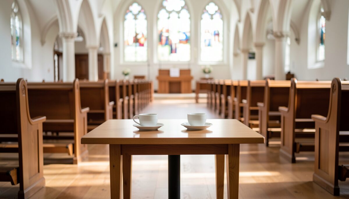 A cafe table with two cups in a bright church hall.
