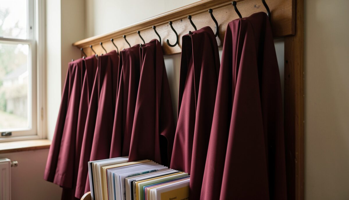 Choir robes hanging on hooks along a vestry wall.
