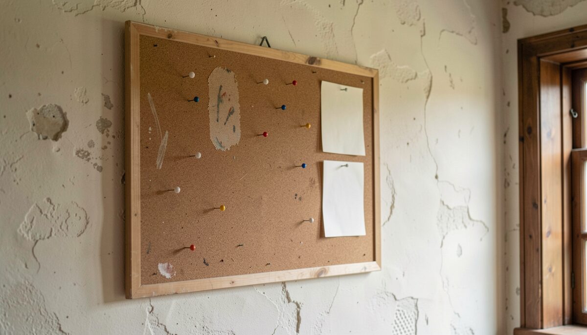 An old cork notice board with faded pins and empty squares.