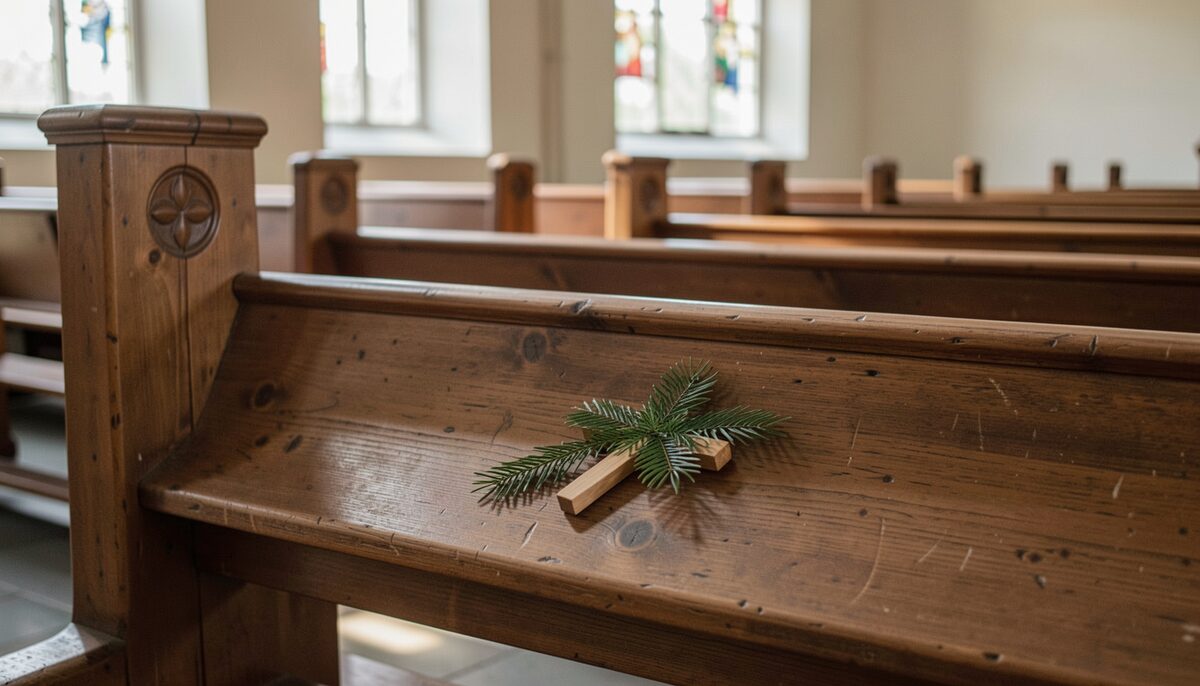 A palm cross lying on a worn wooden pew in morning light.