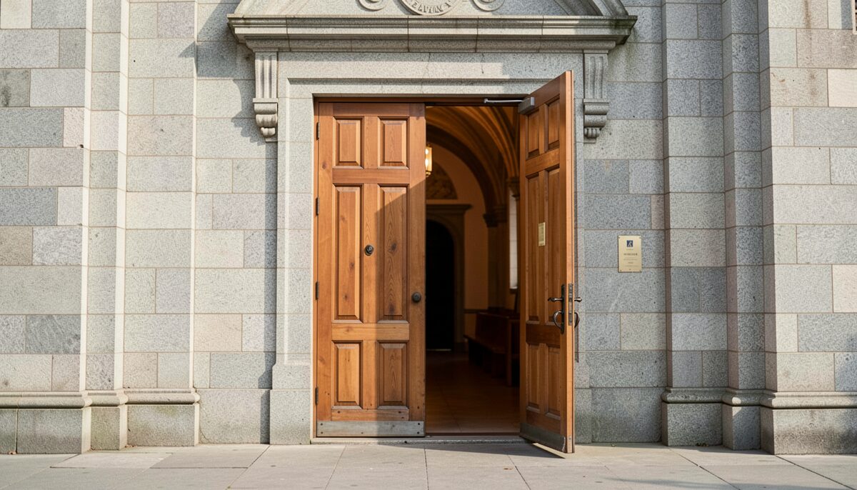 A wide open door in a stone church wall, light inside.