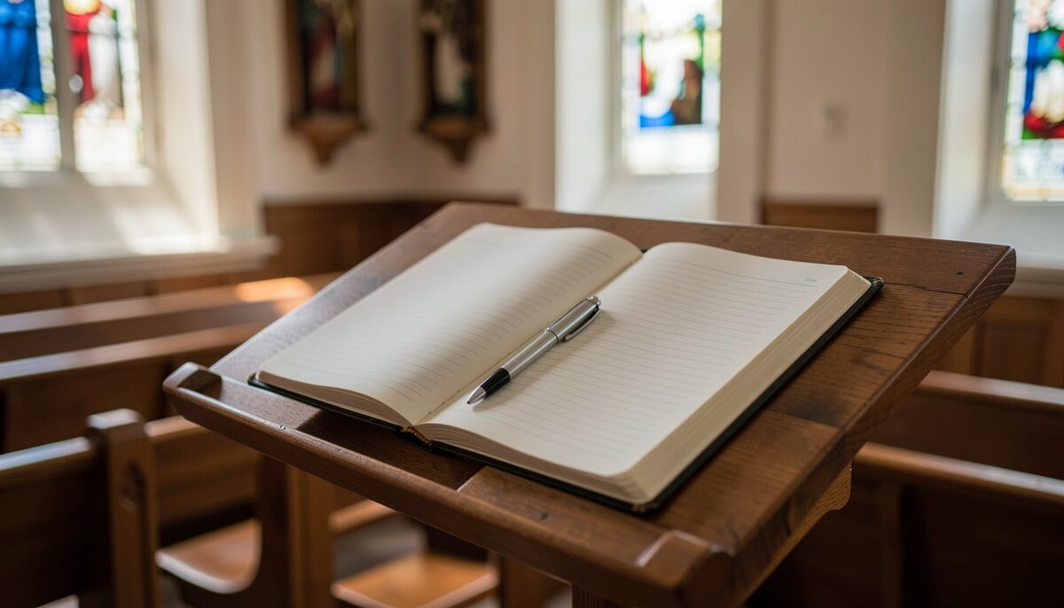 An open notebook and a pen resting on a wooden lectern.