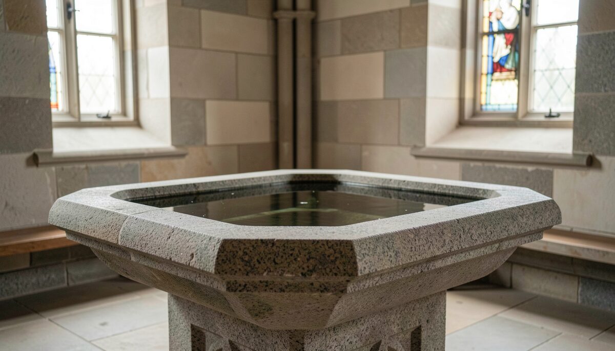 A stone baptismal font with still water in a quiet church.