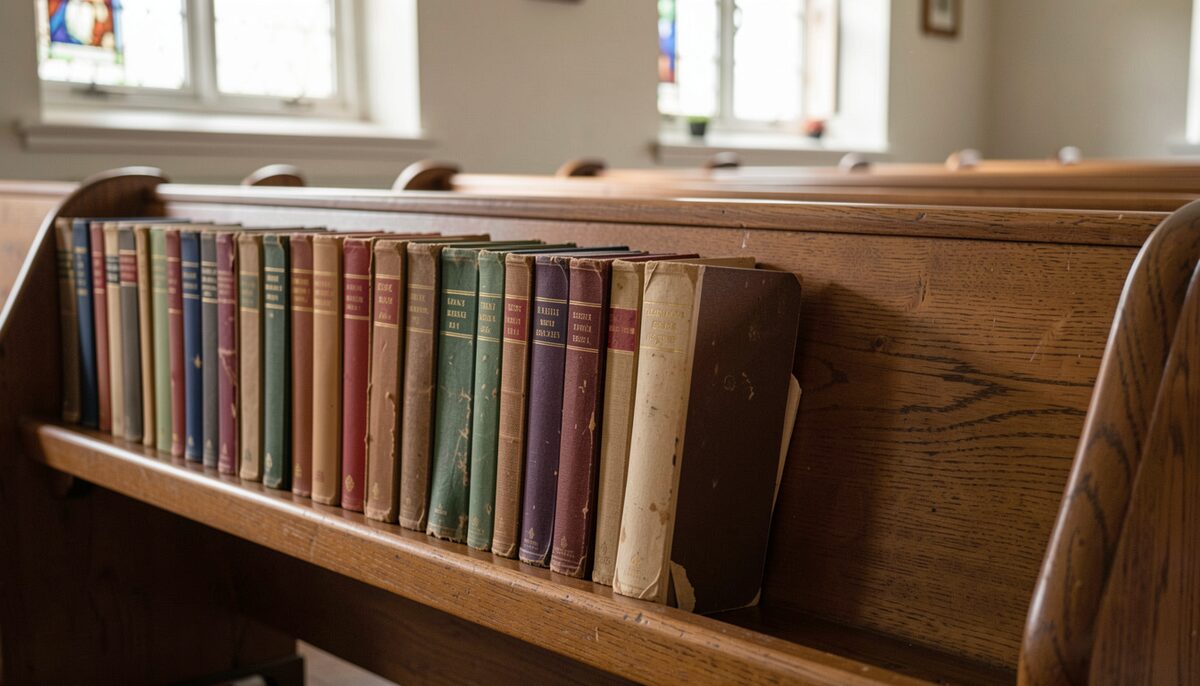 A row of hymn books on the back of a wooden pew.