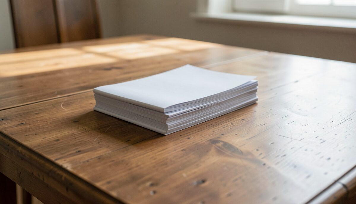 A neat stack of folded A5 parish newsletters on a wooden table.