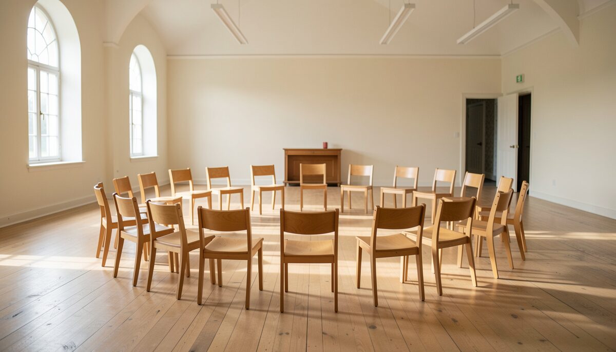 Chairs set in a circle in a plain church hall.