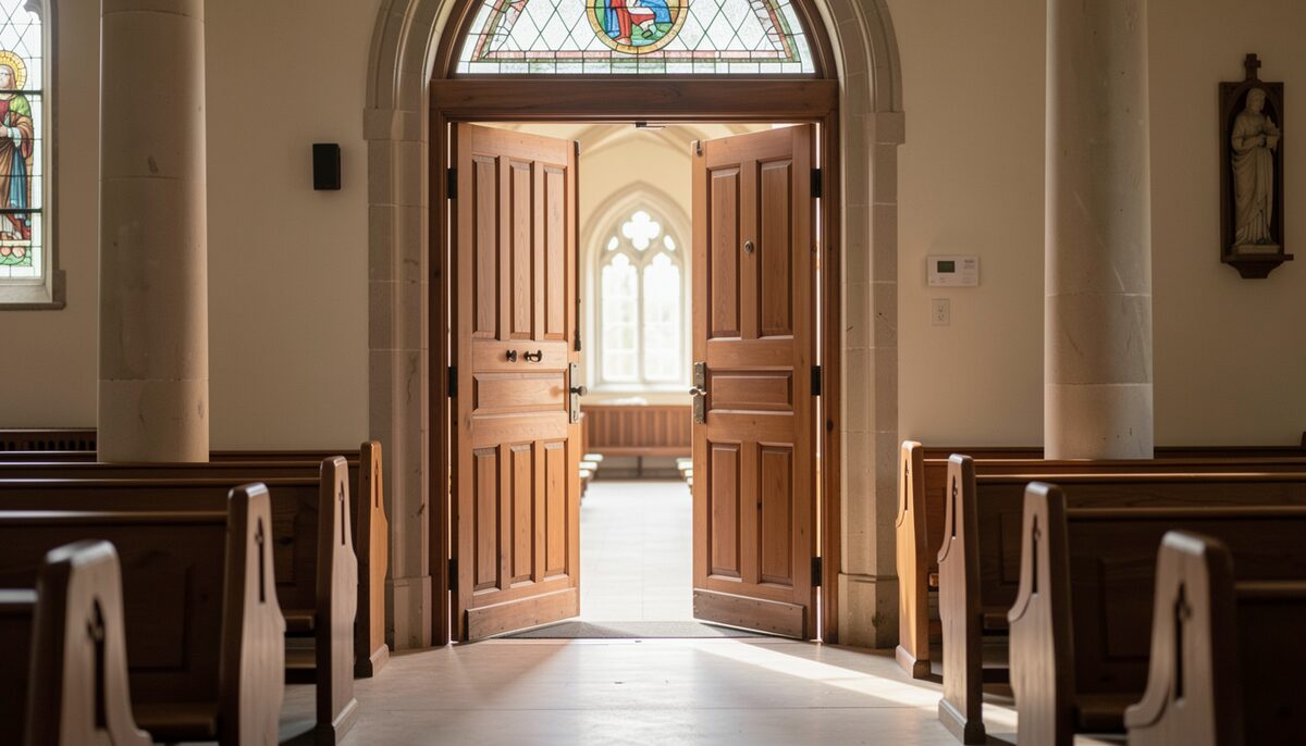 Open wooden church doors with morning light coming through.